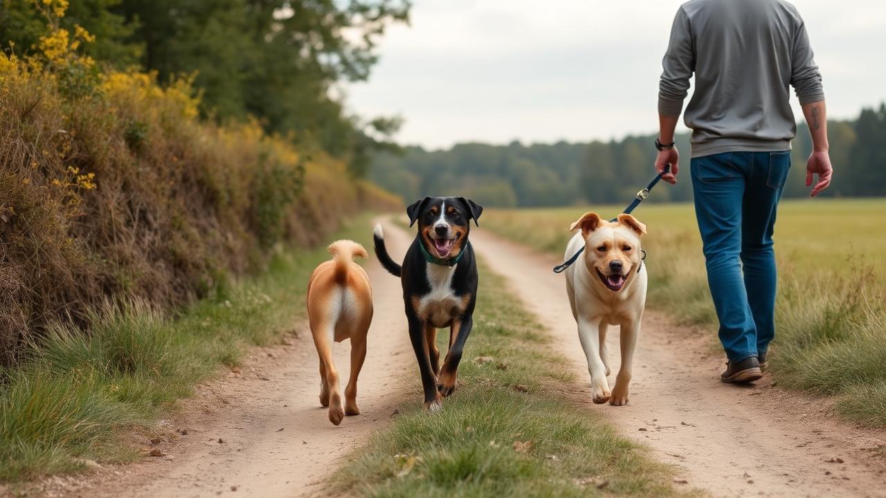 Two dogs walking side by side with their owners along a wide quiet dirt trail