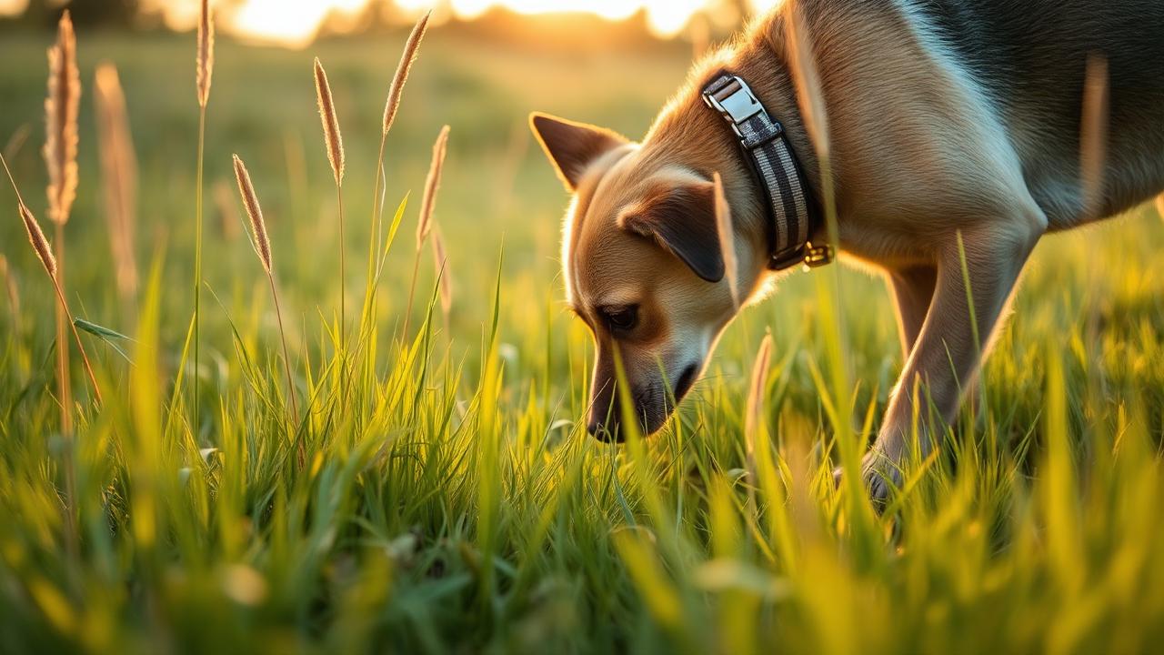 Dog with nose down sniffing intently through tall grass at golden hour