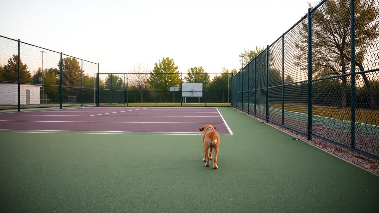 Single dog exploring a quiet empty fenced field with no other dogs present