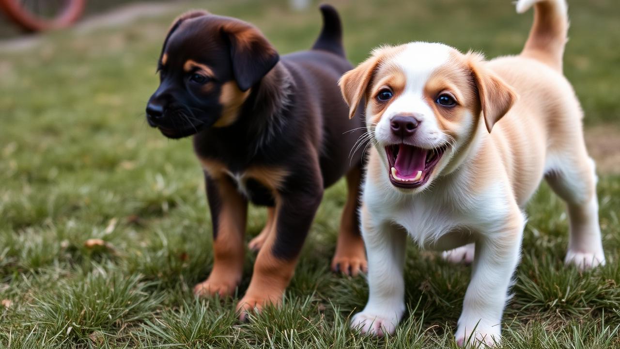 Two puppies pausing mid play on grass with one stepping back and both showing loose relaxed mouths