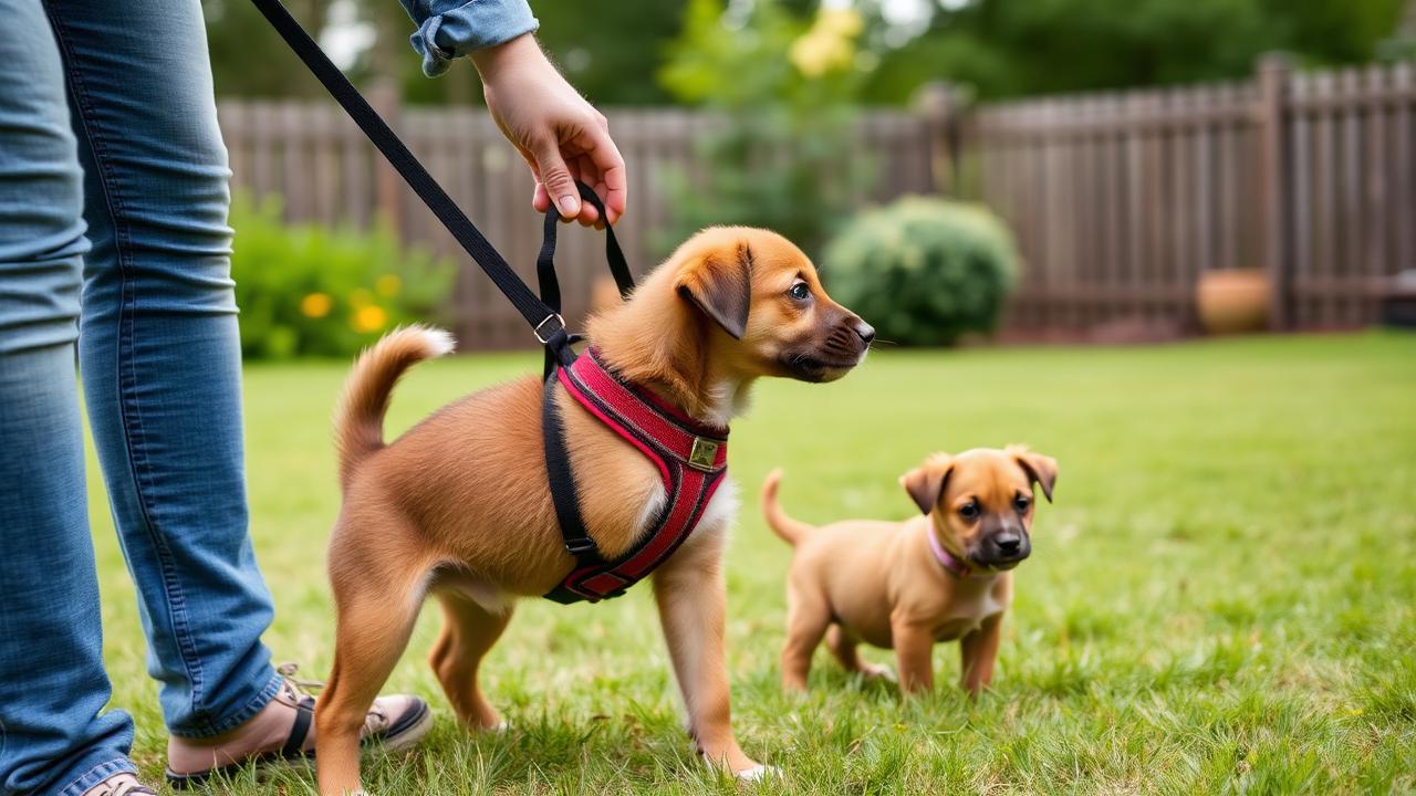 Person calmly holding a puppy's harness during a short play break in a yard while another puppy waits nearby