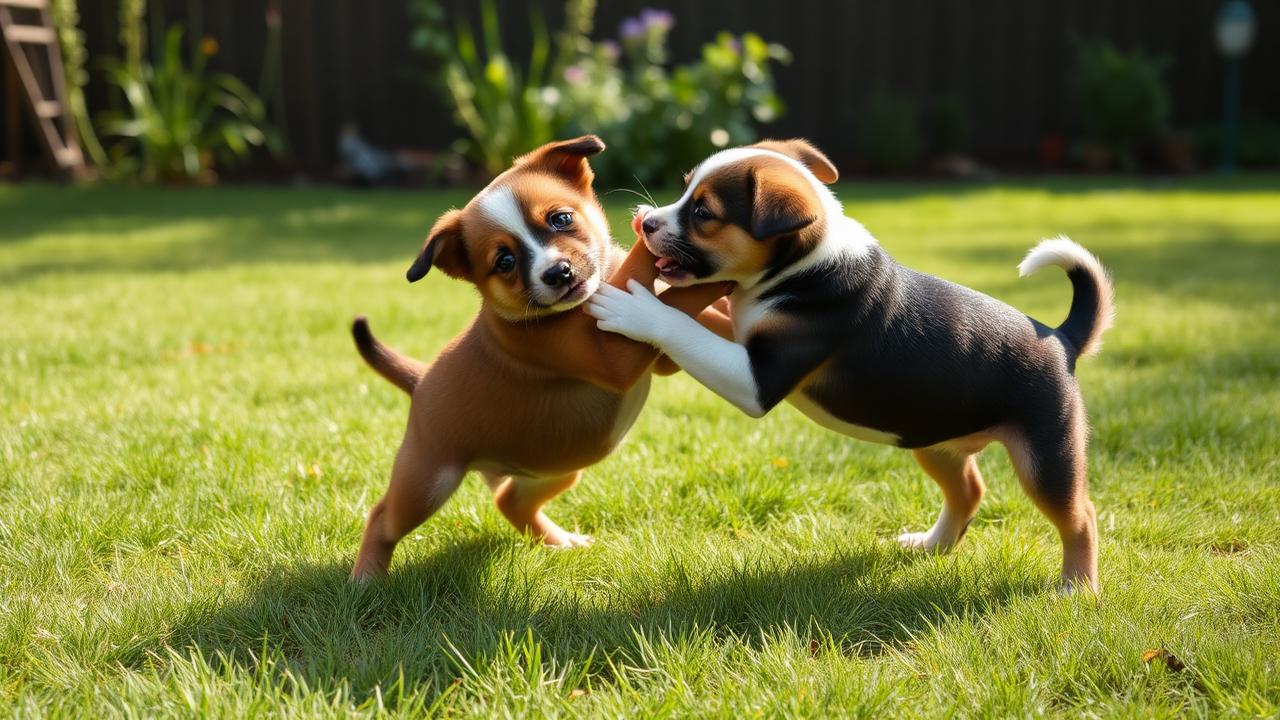 Two puppies wrestling on grass with loose bouncy body language