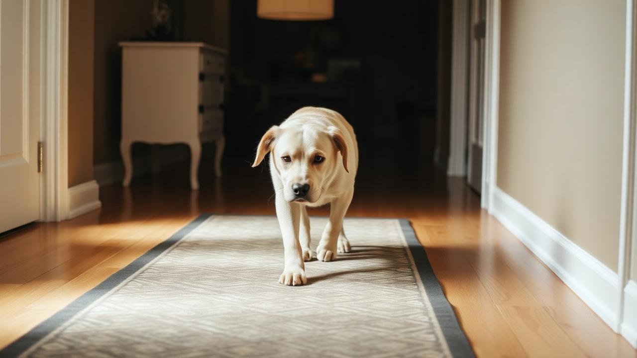 Older dog walking confidently along non-slip runner rugs laid across a wooden hallway floor