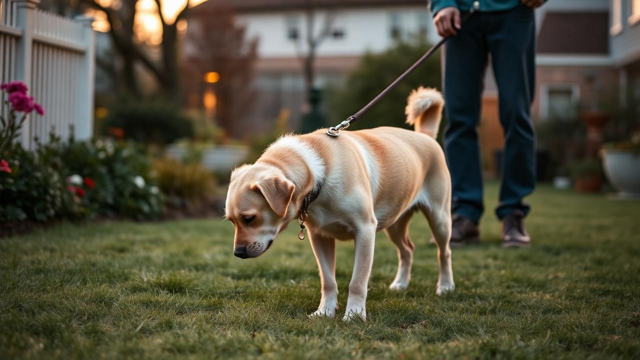 Senior dog sniffing calmly in a quiet garden on a loose leash with an owner standing nearby