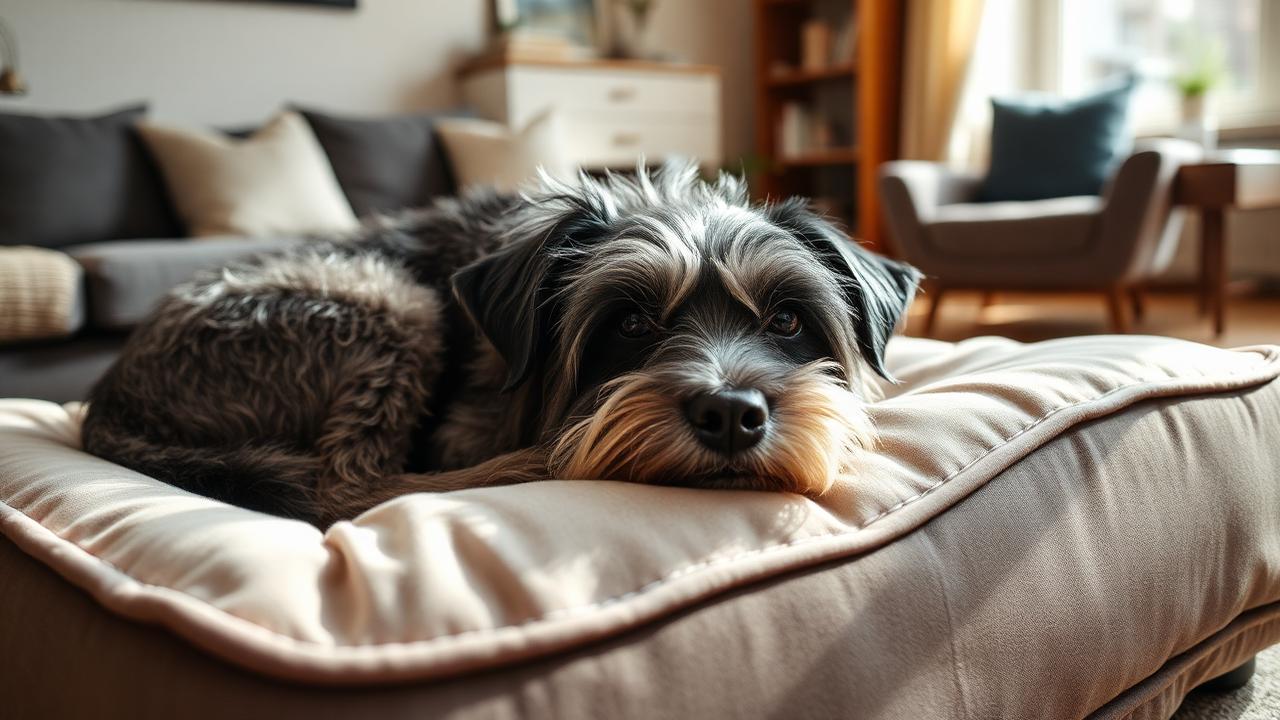Grey-muzzled senior dog resting on an orthopedic bed in a sunlit living room