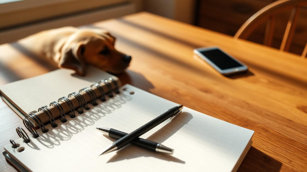 Open notebook and pen on a kitchen table with a dog resting in the background