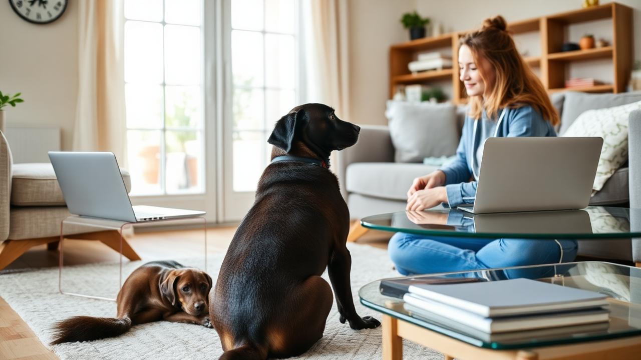 Owner sitting on a living room floor with two dogs during a calm video behavior consultation