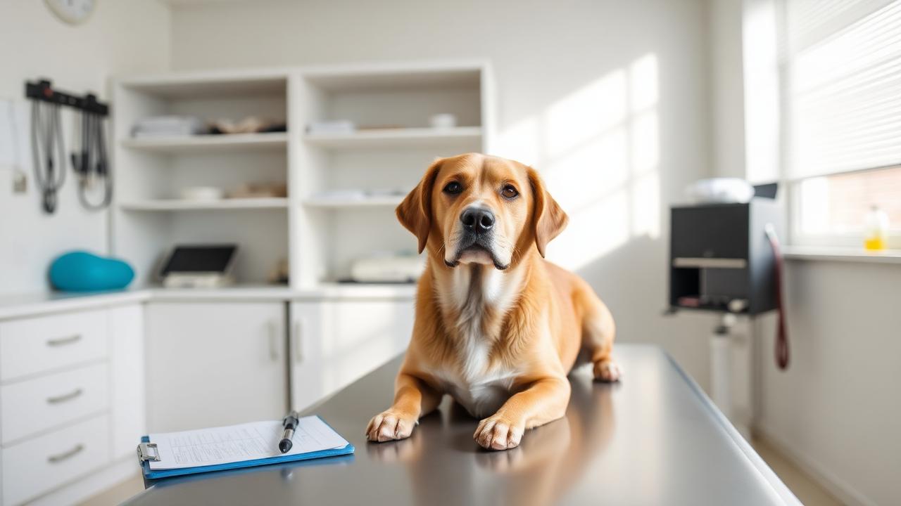 Calm dog sitting on an examination table in a bright veterinary consulting room