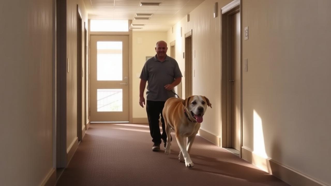 Large dog walking calmly on a loose leash beside an owner in an apartment building corridor