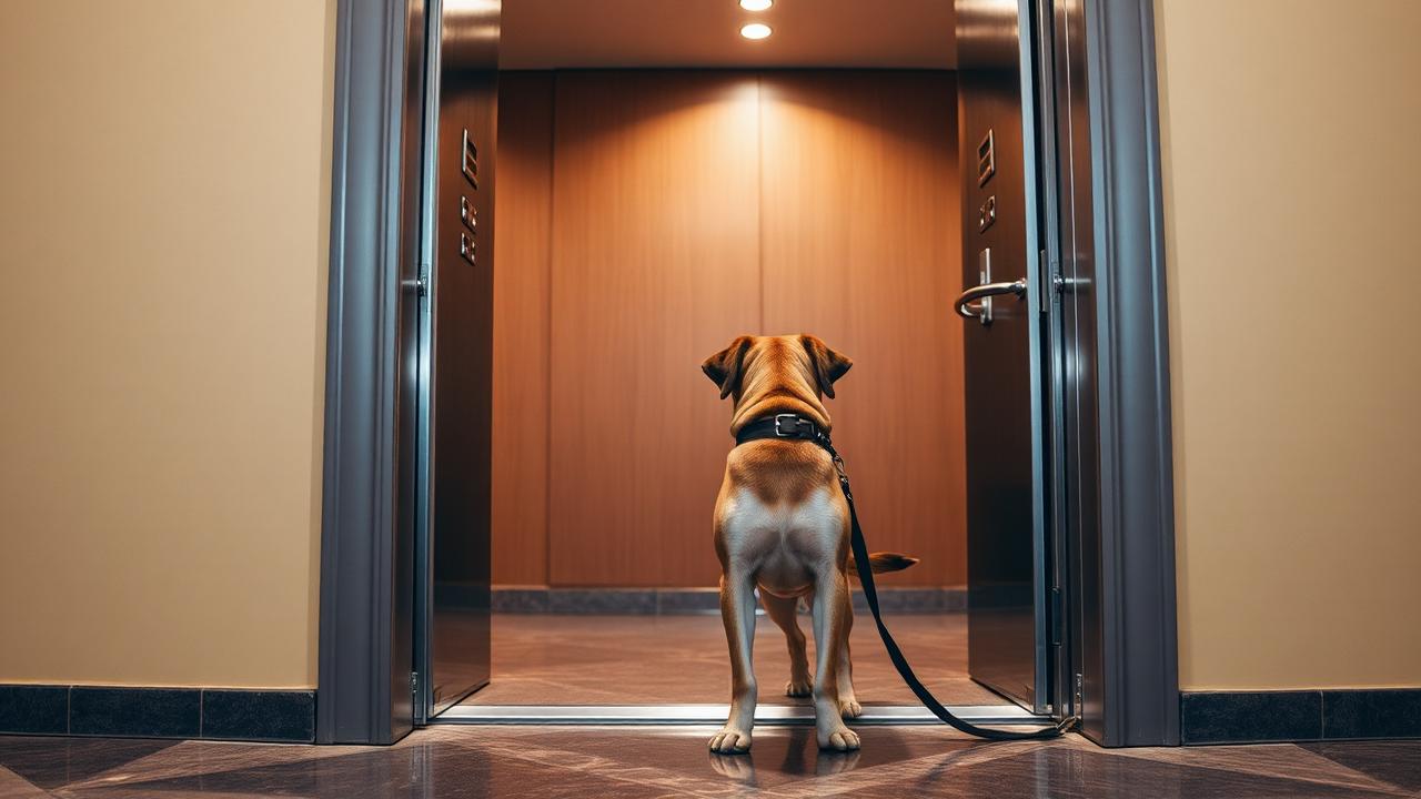 Large dog waiting calmly on a loose leash at an open apartment elevator door
