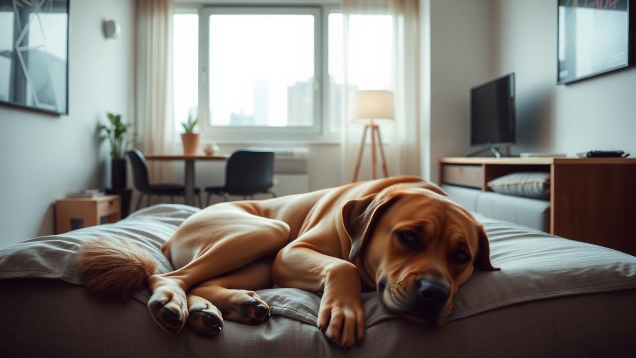 Large dog lying settled on a bed in a small modern apartment living room