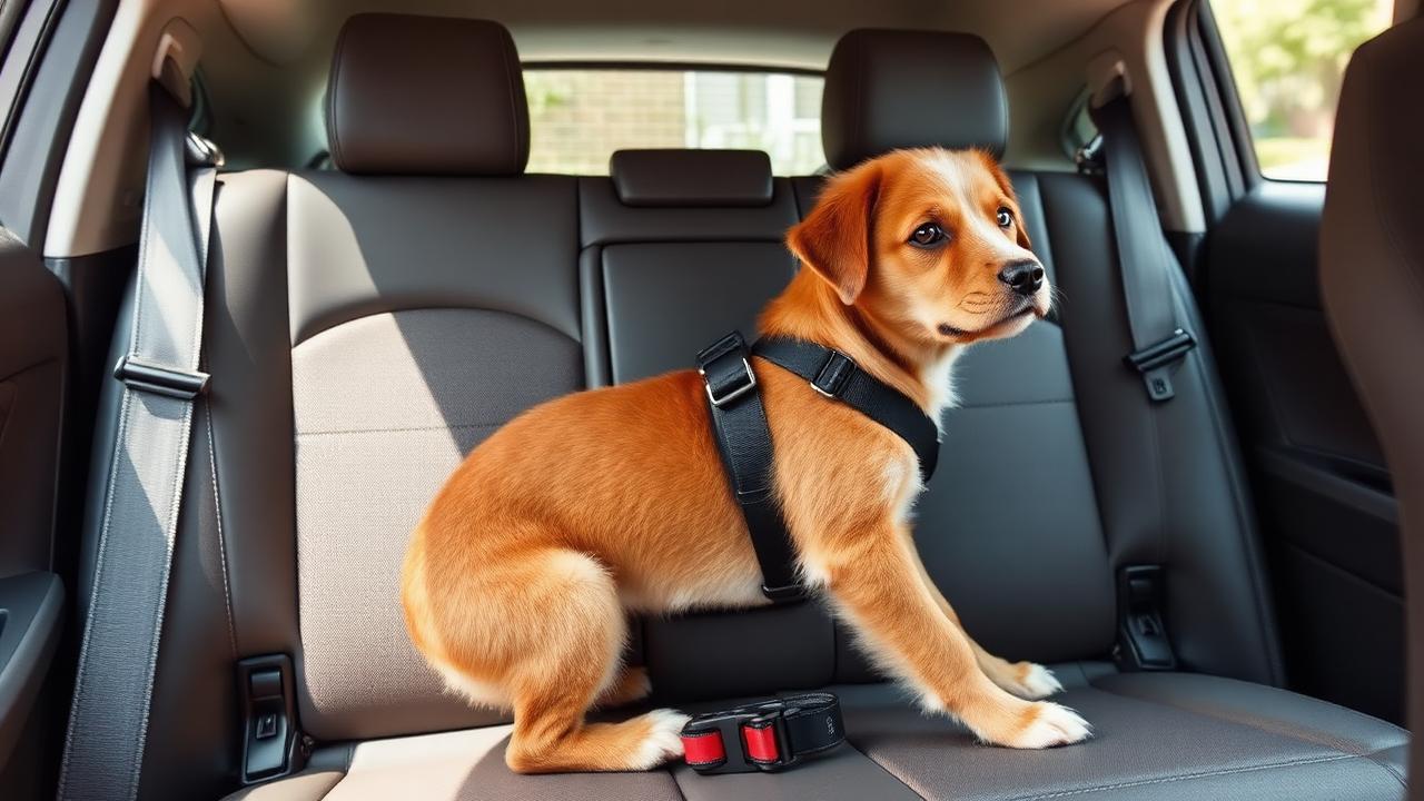 A crash-tested dog travel harness and seatbelt clip laid out on a car back seat