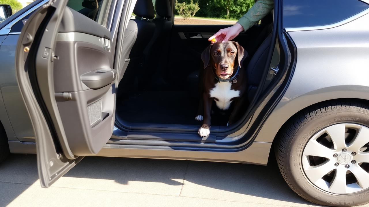 Dog stepping calmly into a parked car through an open door while a handler offers a treat