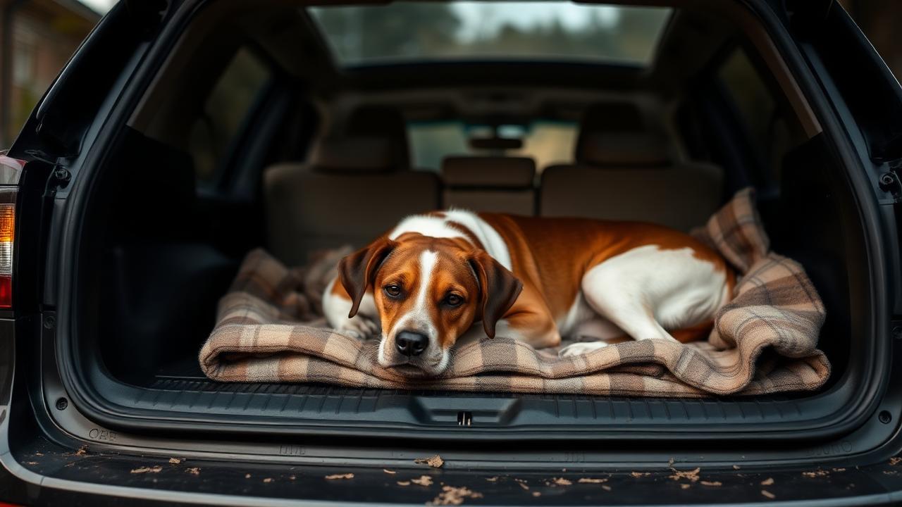 Dog resting calmly in a secured crate in the back of a parked car
