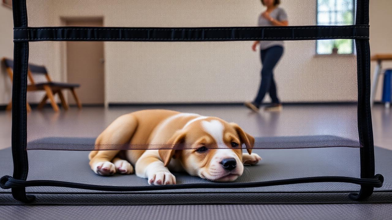 Puppy resting on a mat behind a low mesh visual barrier during a training class