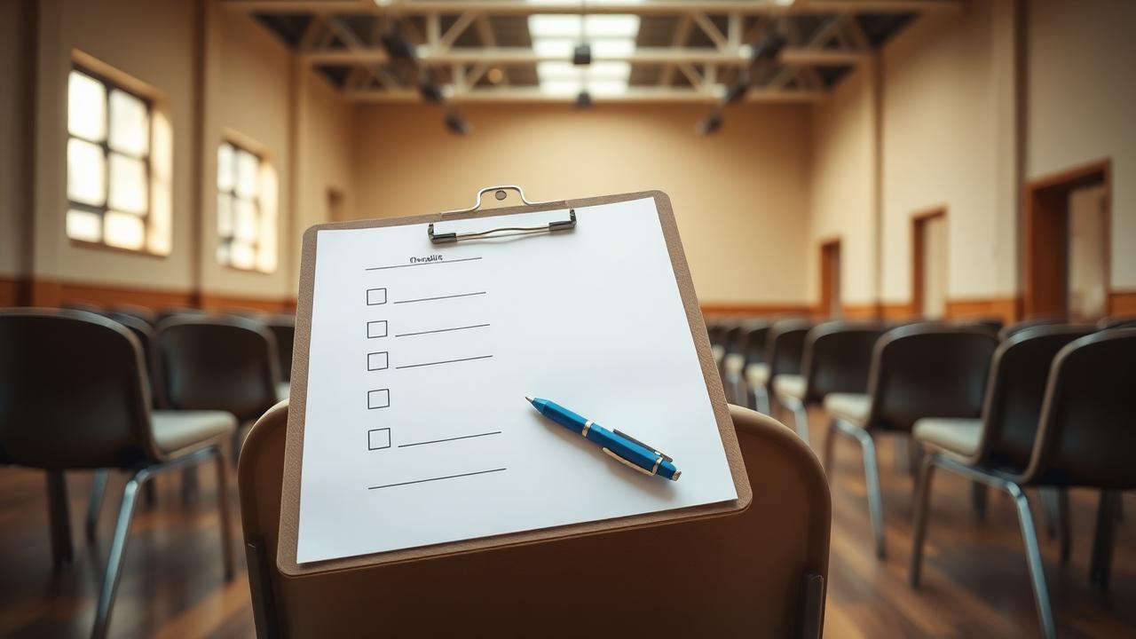 Clipboard with a blank checklist and pen resting on a chair in an empty training hall