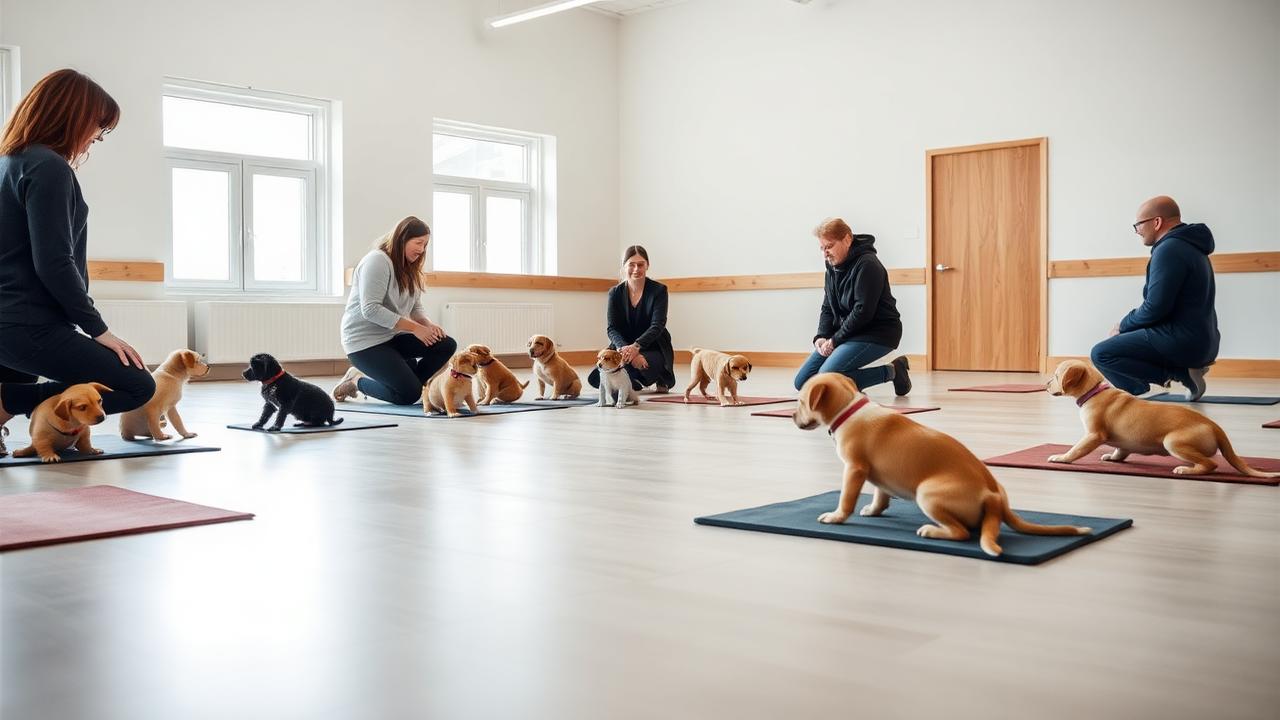 Small group puppy class with puppies working calmly beside their owners