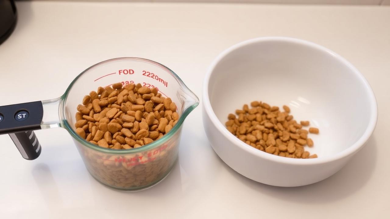 Measured portion of puppy kibble in a measuring cup beside a clean bowl on a kitchen counter