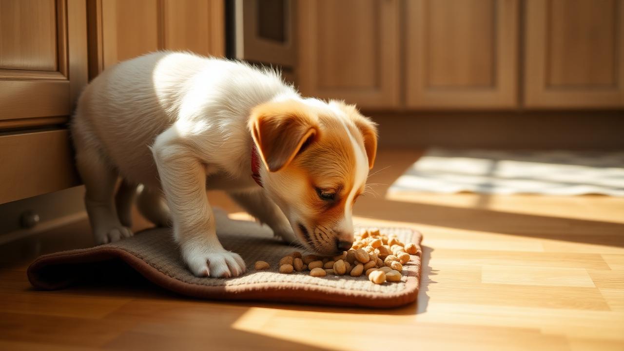 Puppy working kibble out of a snuffle mat on a kitchen floor