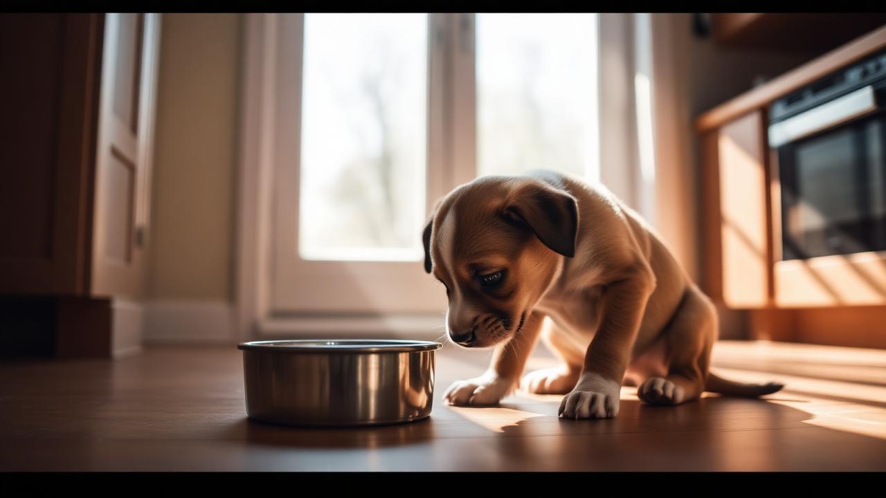 Puppy eating from a bowl in a quiet kitchen corner