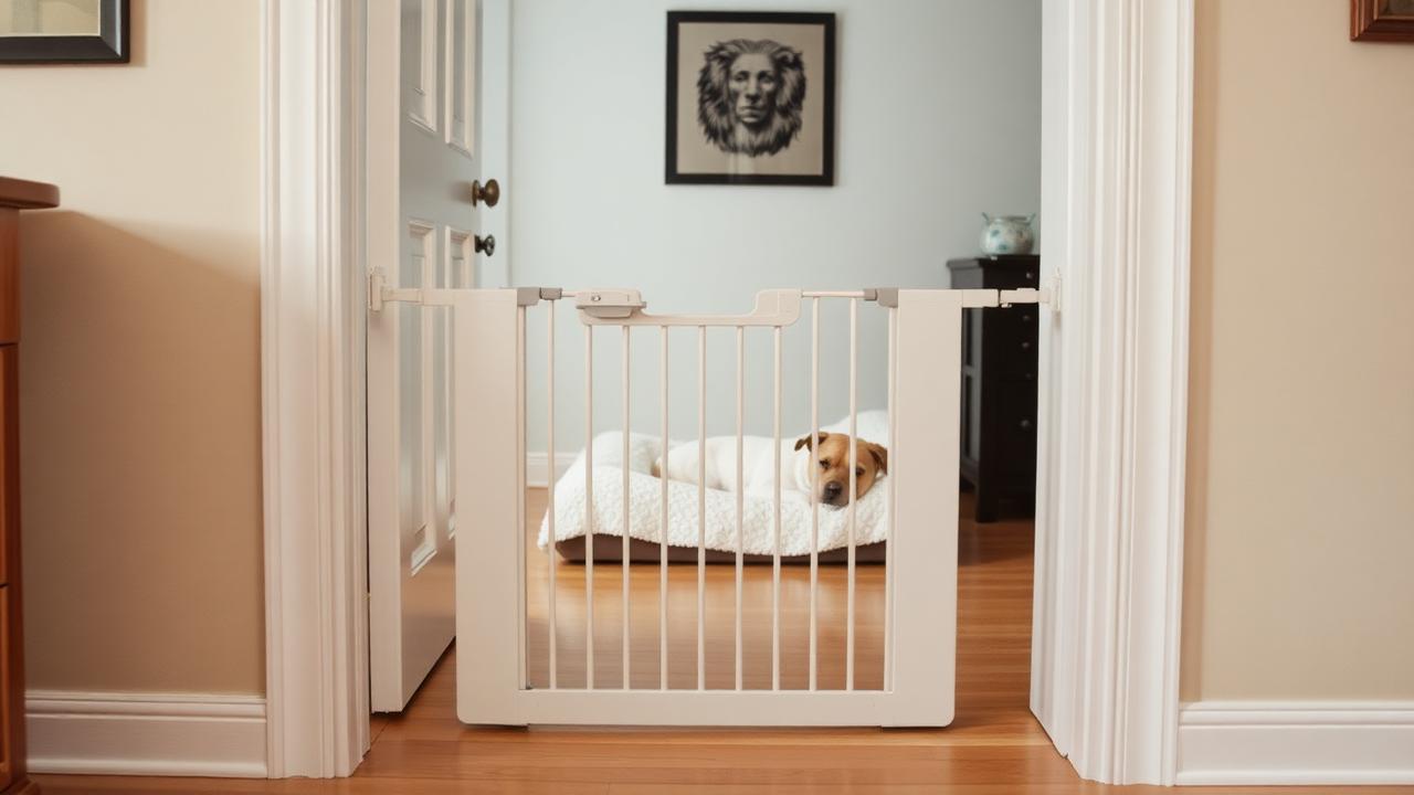 Baby gate fitted in a home doorway with a dog bed visible in the room beyond
