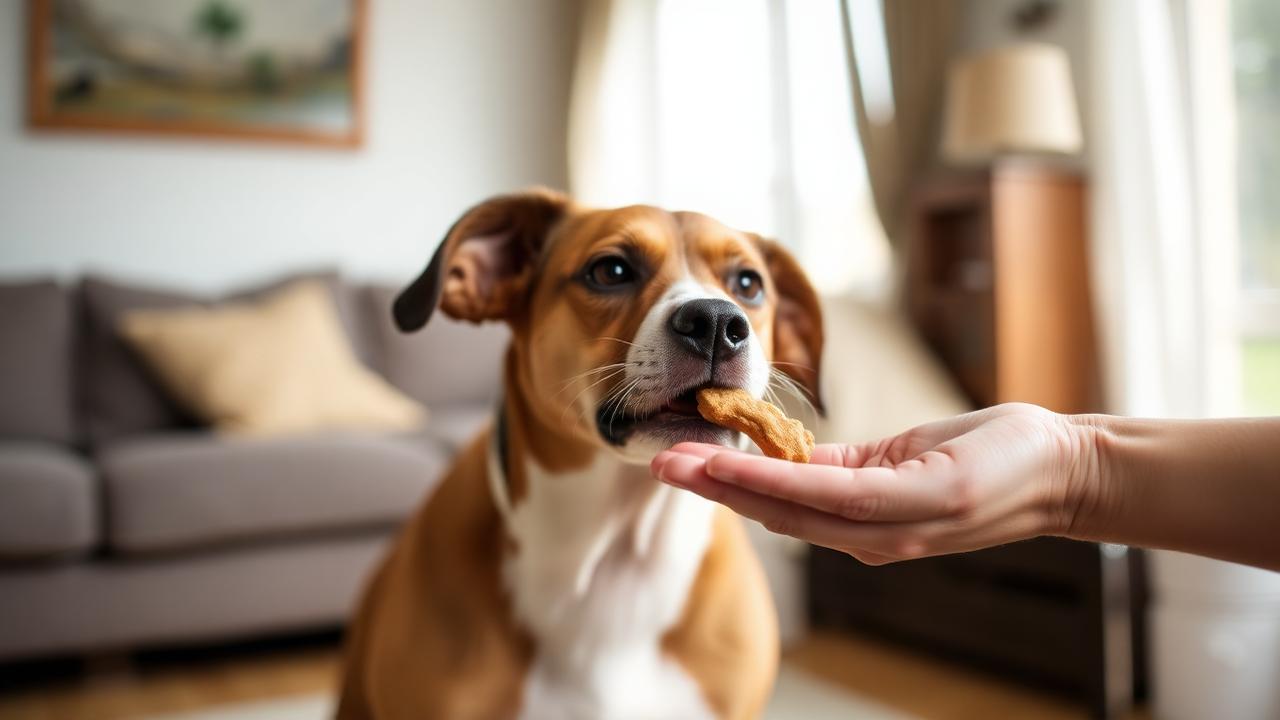 Foster dog taking a treat gently from an open palm in a living room with relaxed body language