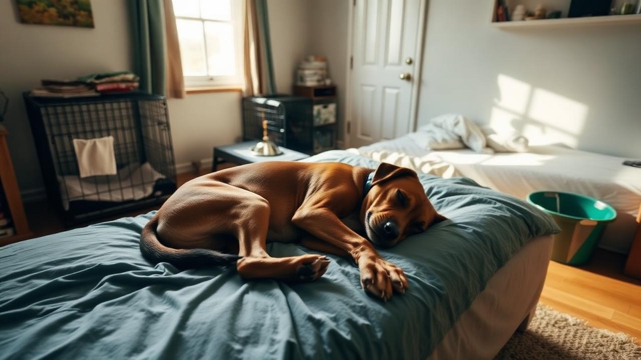 Foster dog resting on a bed in a quiet spare room with a crate nearby
