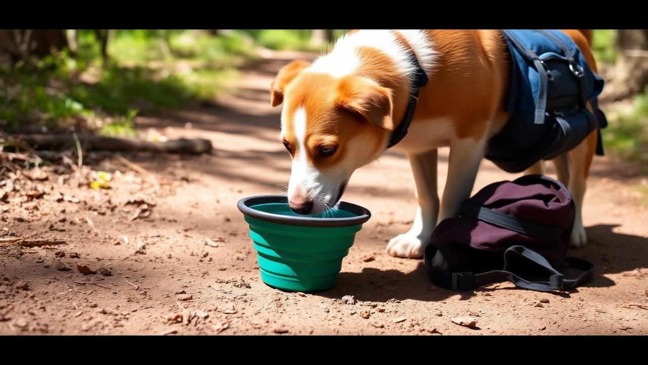 Dog drinking from a collapsible travel bowl on a shaded trail with hiking gear beside it