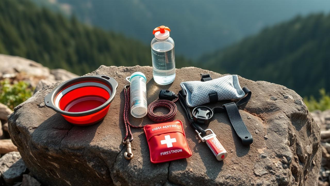 Dog hiking kit laid out on a rock including collapsible bowl, water, long line, harness and first aid pouch