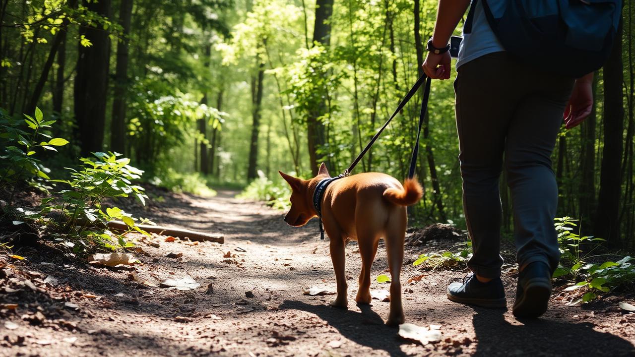 Dog walking a wooded trail on a long line beside a hiker