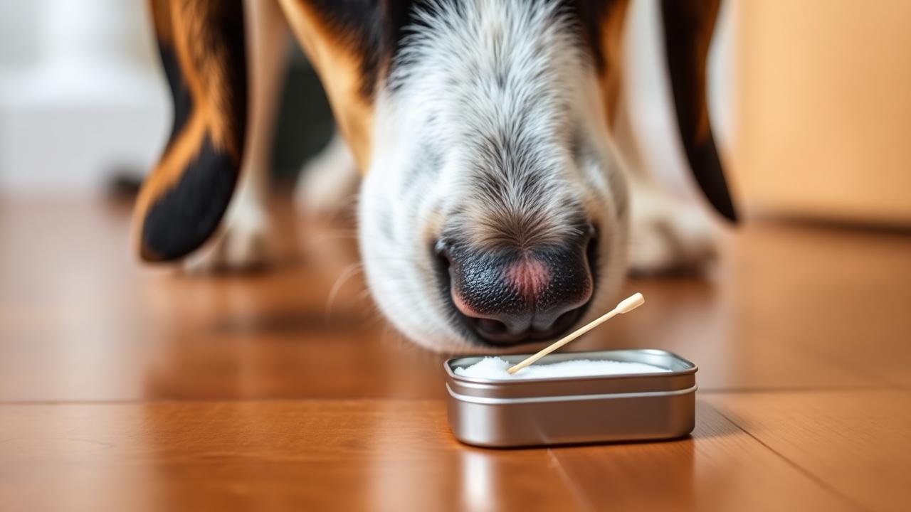 Close-up of a dog's nose investigating a small scented cotton swab tin on a wooden floor