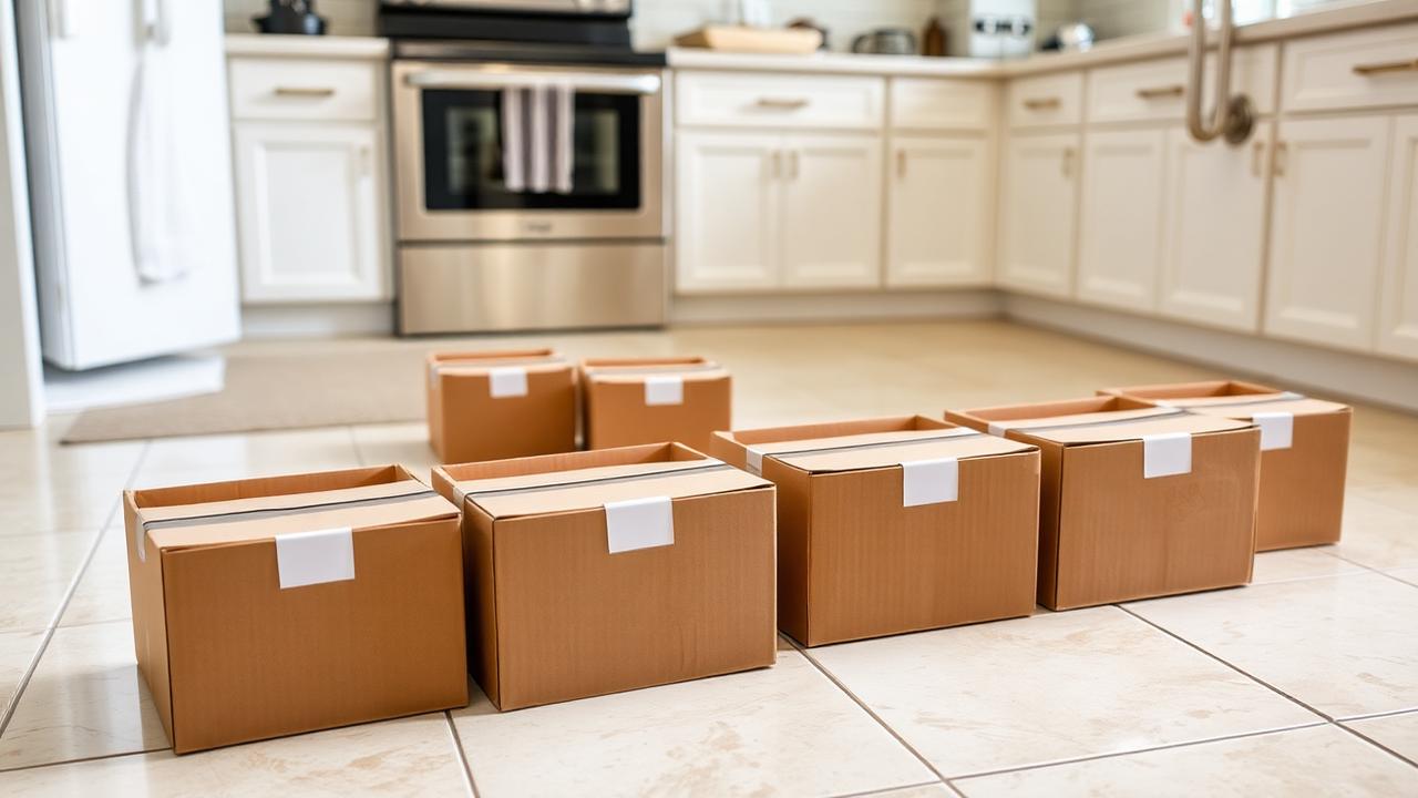 A row of identical open cardboard boxes arranged across a kitchen floor ready for a home scent game