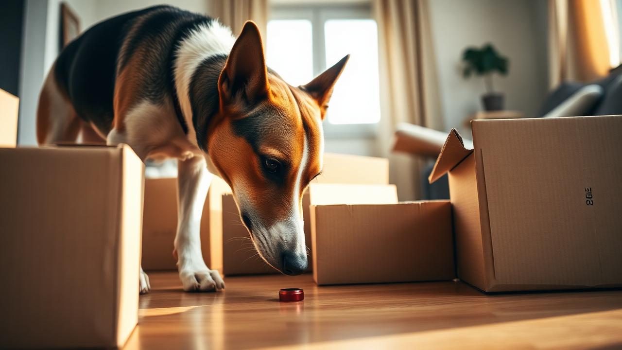 Dog searching nose-down among cardboard boxes on a living room floor