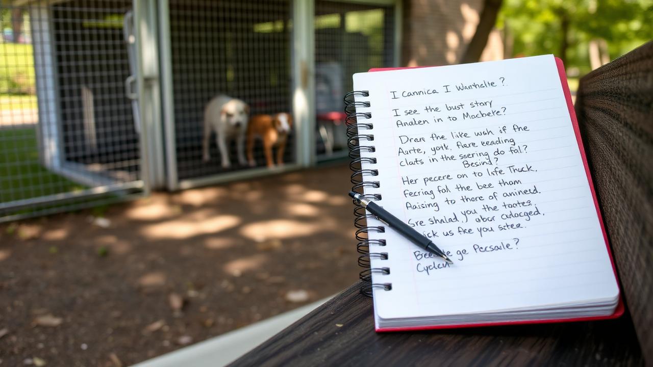Notebook with handwritten questions and a pen resting on a bench outside an animal shelter