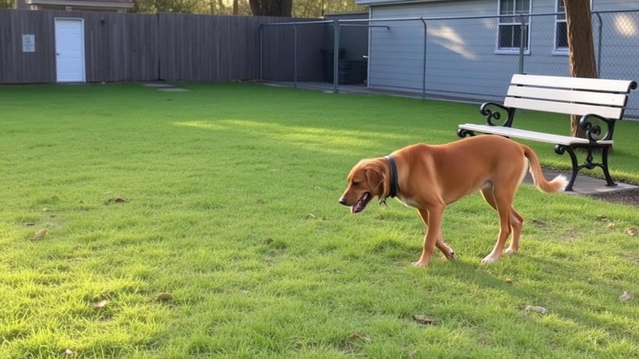 Calm dog exploring a quiet grassy shelter meet-and-greet yard with a bench nearby