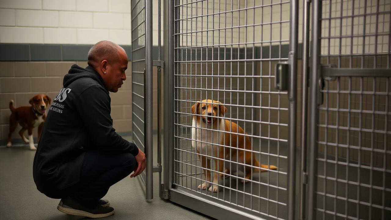 Person talking with shelter staff beside a kennel while a dog watches