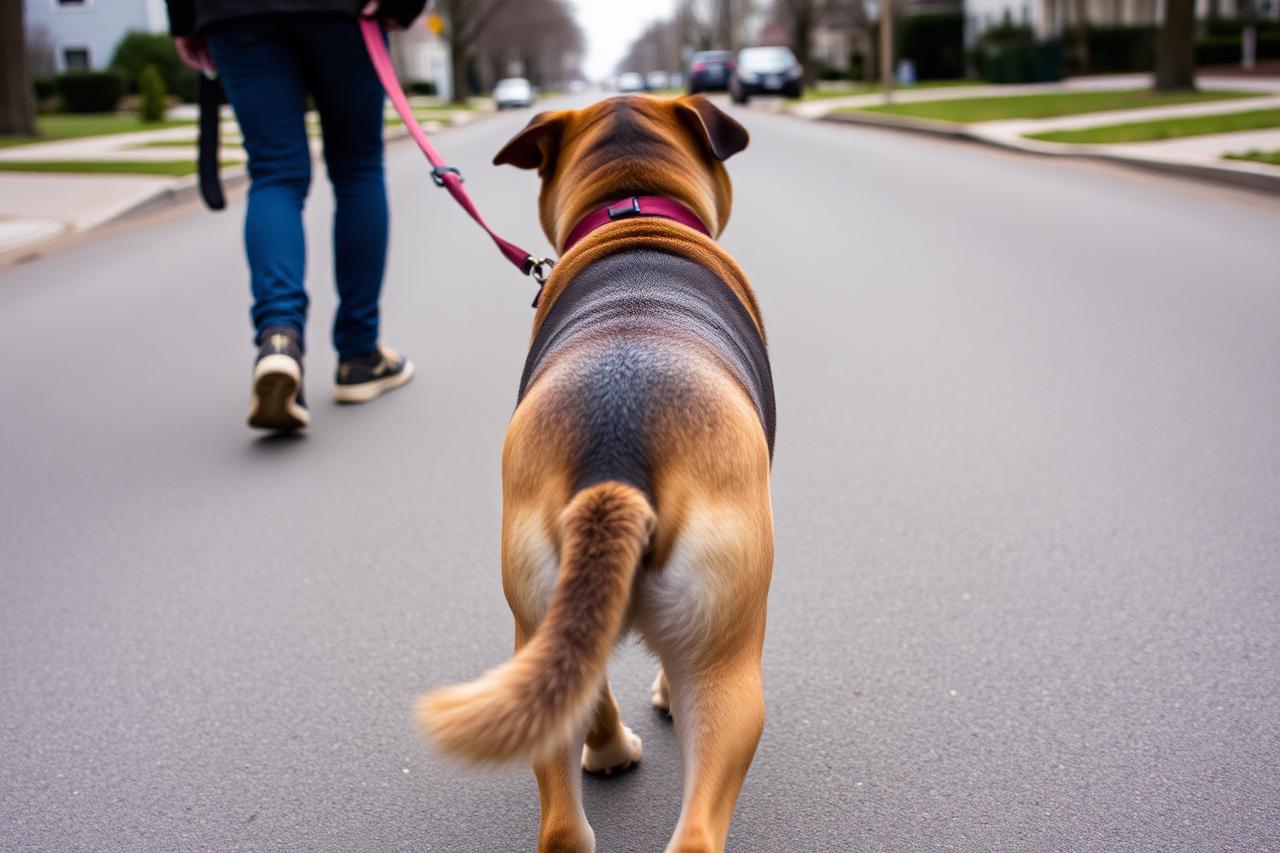 Owner walking an adolescent dog at a comfortable distance from a busy street, choosing a wide, calm route