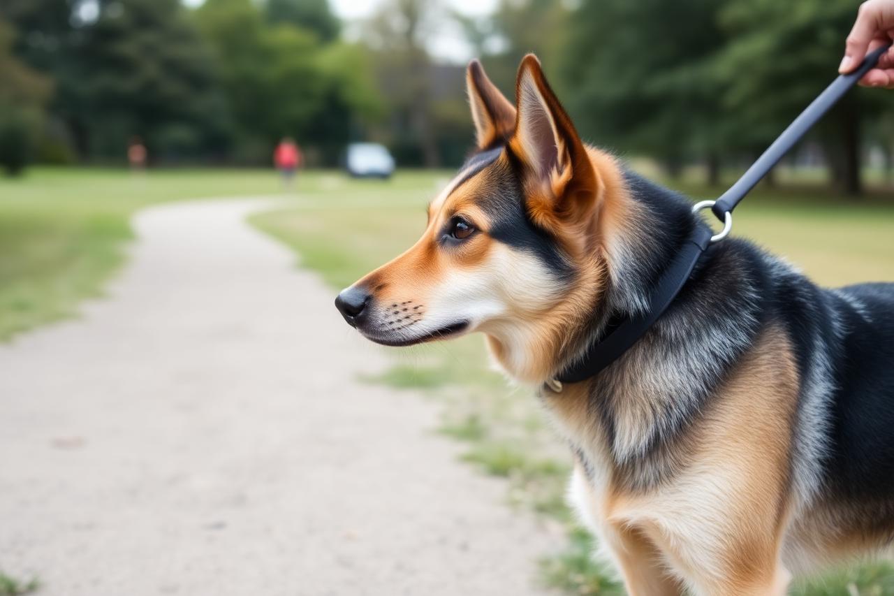 Adolescent shepherd mix watching a distant dog calmly from across a park