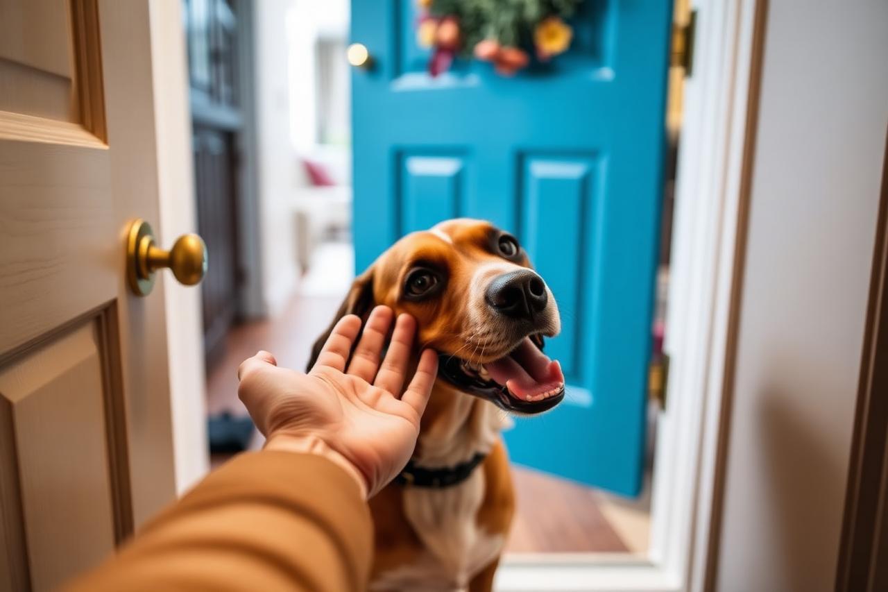 Written pet care routine sheet on a kitchen counter next to dog food, medication and a leash