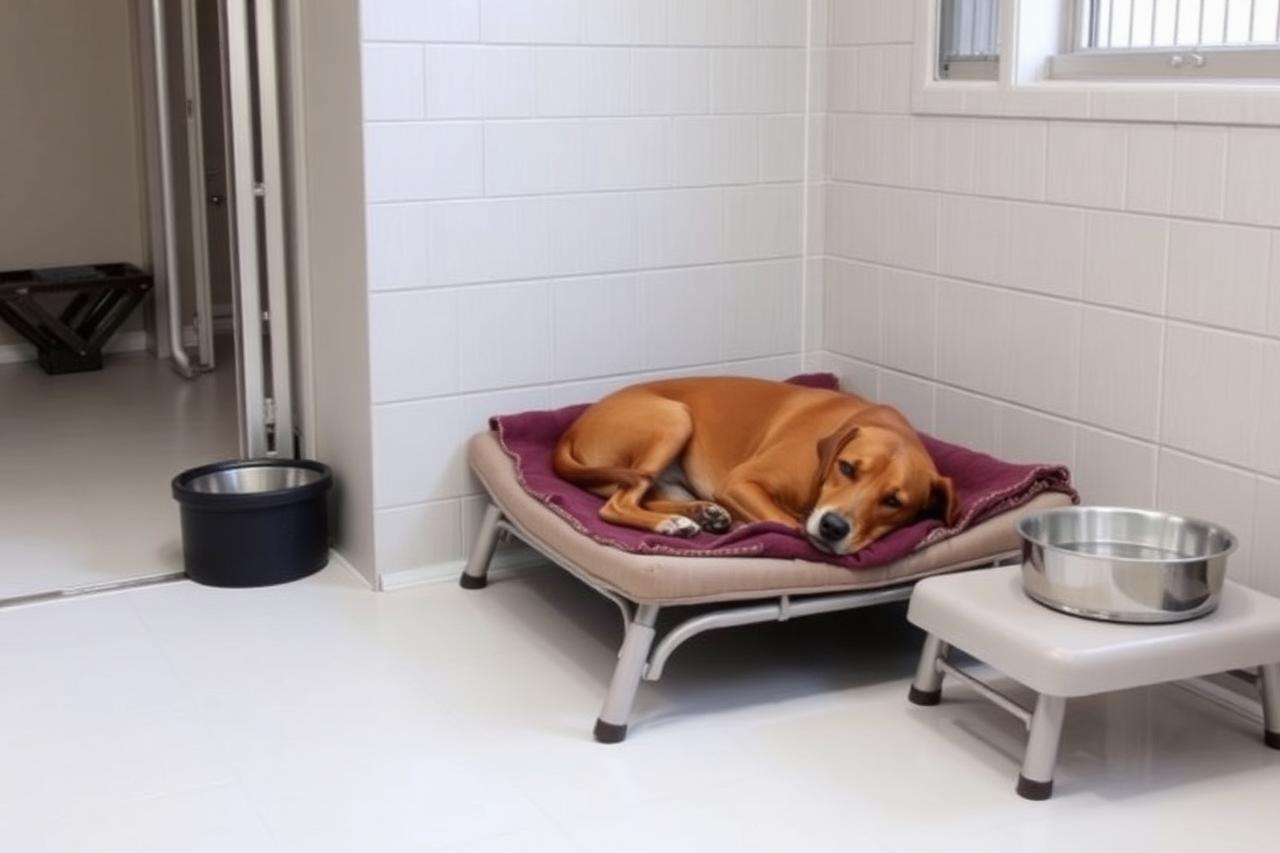 Dog resting on a raised bed in a clean boarding suite with a water bowl