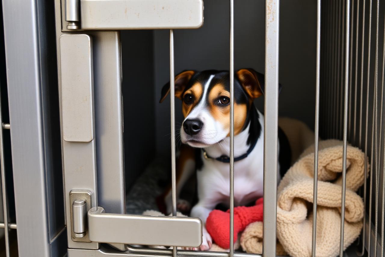 A volunteer sitting quietly on the floor near a shy shelter dog to let it approach at its own pace
