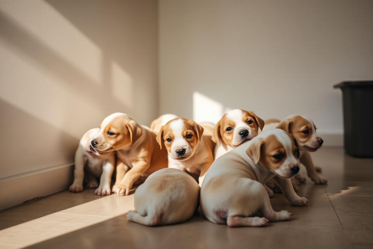Litter of healthy puppies resting in a clean home whelping area