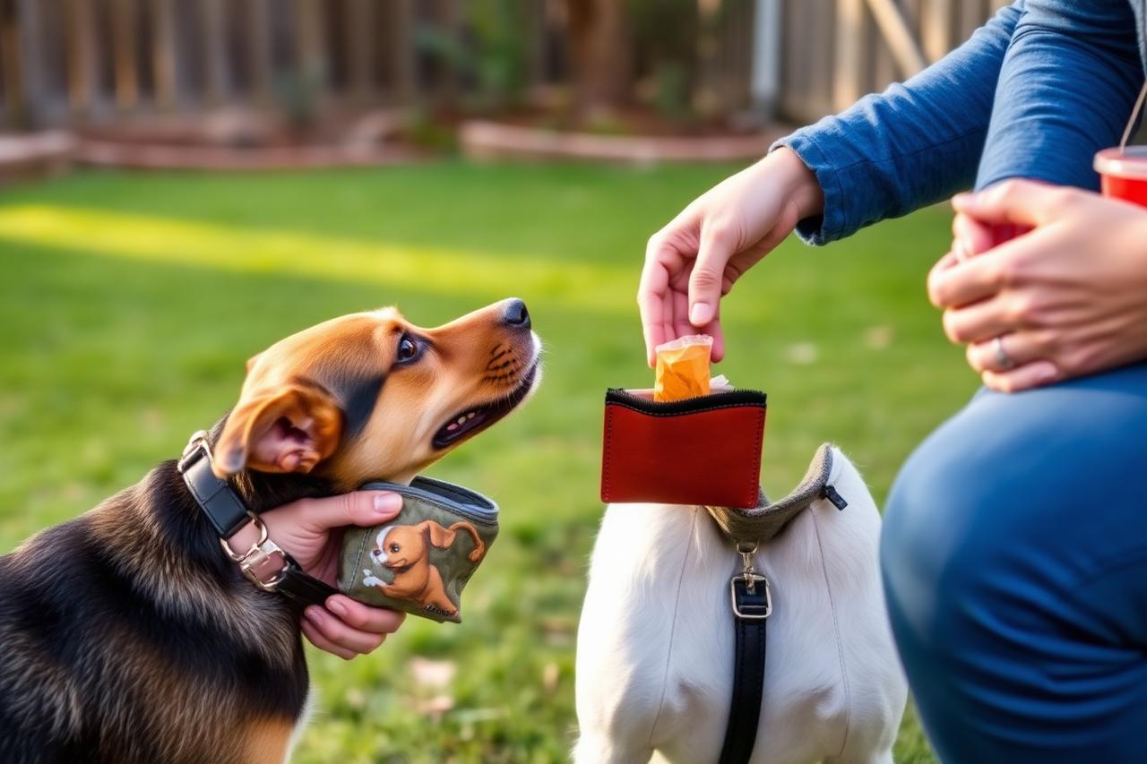 Owner rewarding a dog during a short backyard training session with a treat pouch