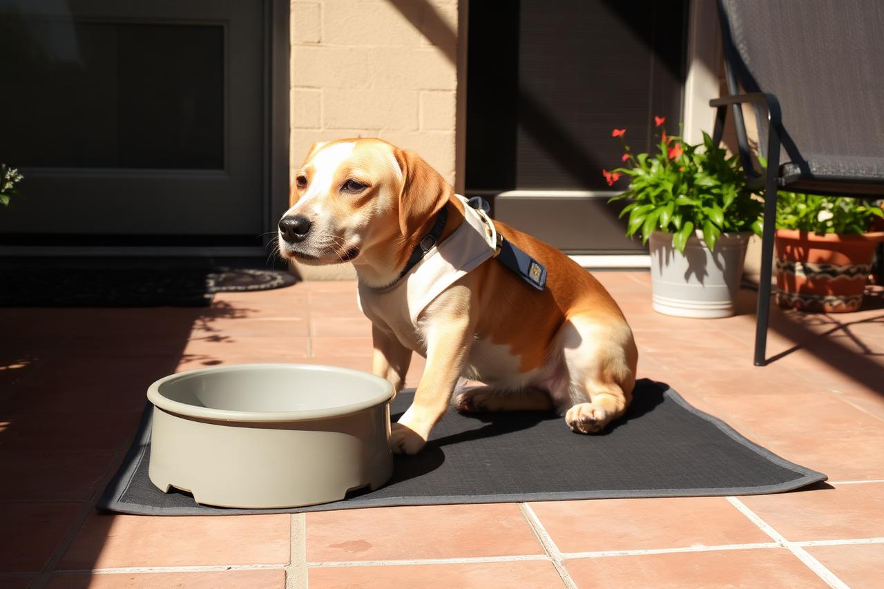 Warm-weather safety kit including a water bottle, collapsible bowl, cooling towel and first aid pouch laid out on a rock