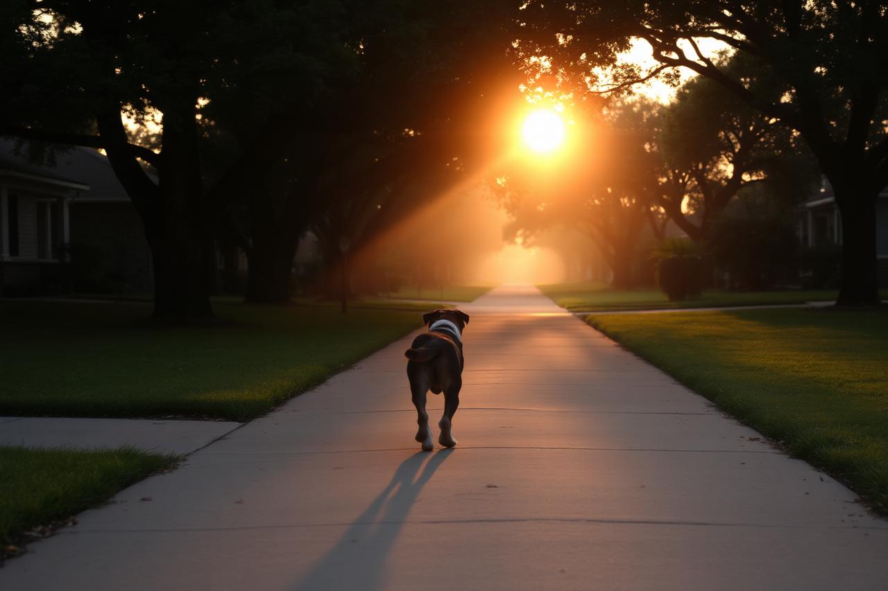 Dog walking a shaded neighborhood sidewalk at sunrise during a Texas summer