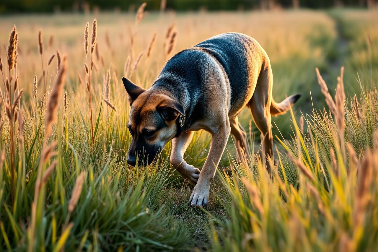 Dog sniffing along a park path on a loose leash during a slow enrichment walk