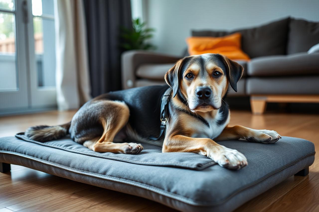 Dog resting comfortably on an orthopedic bed after an exercise session