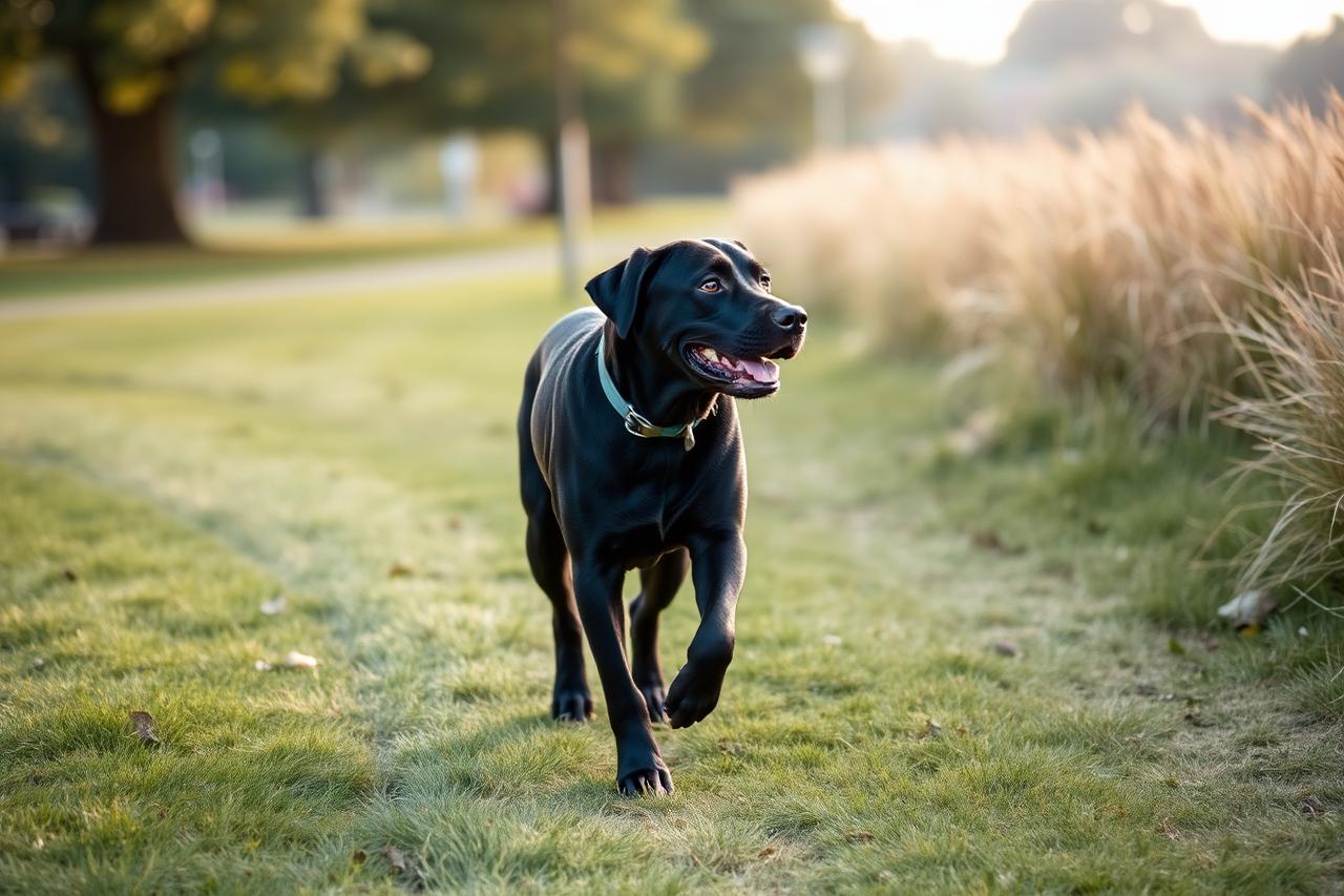 Healthy middle-aged Labrador trotting along a grassy park path in morning light