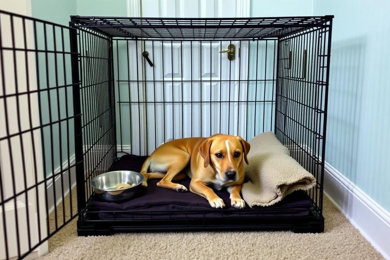 Dog resting calmly on a bed in a quiet room away from moving boxes and activity
