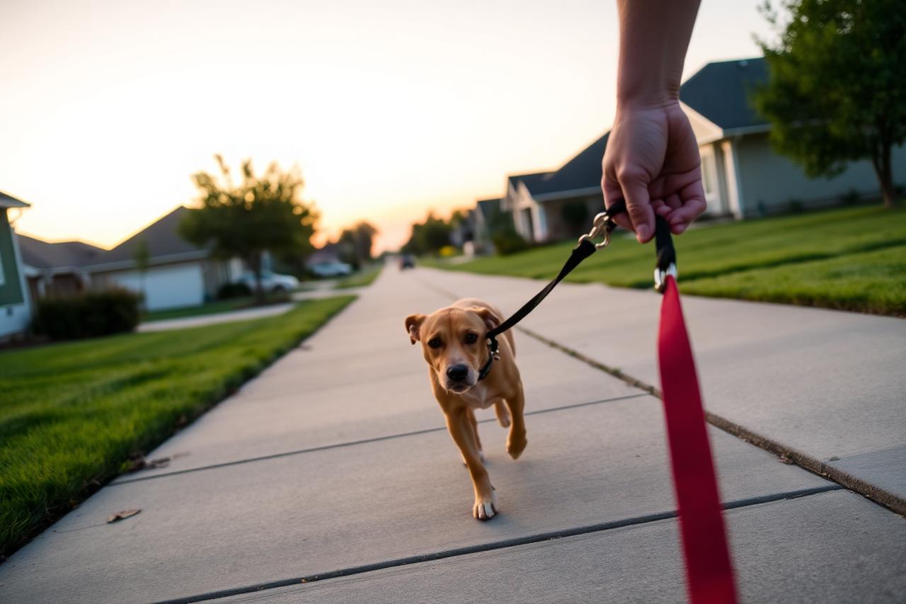 Dog on a loose leash exploring a new neighborhood sidewalk with an owner during a calm walk